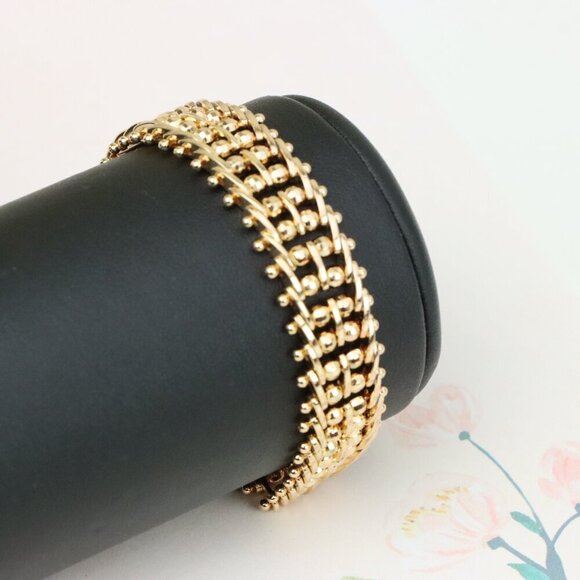 "Wide Rose Gold Plated Textured Bracelet with Elegant Bead Design, XPBL0891 - Picture 9 of 12